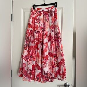 Banjanan Red and Pink Floral Parrot Bird Maxi‎ Skirt 100% cotton